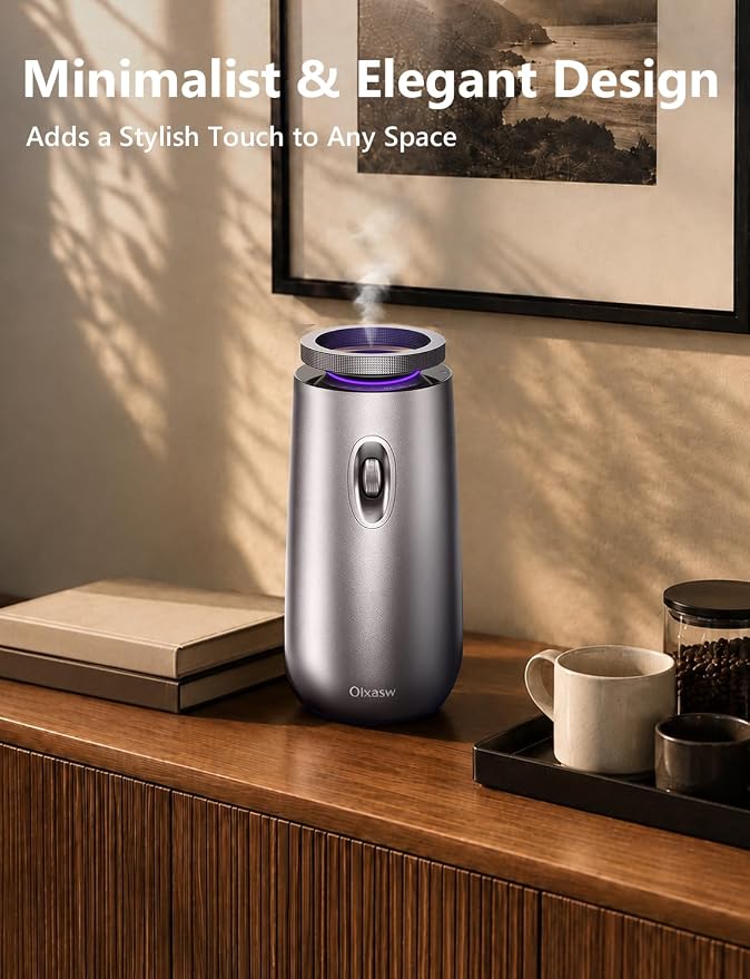 Waterless Essential Oil Diffuser with 20ml Oil, Battery Operated, Portable | Oil-Saving Design | Smart Memory | Aluminum | 3 Mist Levels | 3 Ambient Light Modes | Ultra Quiet | for Home Office Car