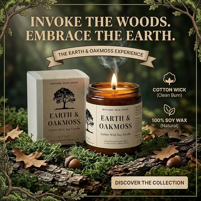 Nature Skin Shop Earth and Oakmoss Artisan Soy Candle Woodsy Aromatherapy Home Fragrance Vegan Cotton Wick 8 oz