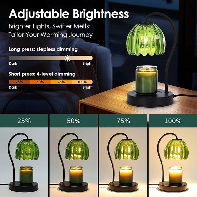Dimmable Flower Candle Warmer Lamp with Timer, Aromatherapy Candle Lamp for Scented Candles, Modern Green Glass Candle Lamp Warmer, Gifts for Her, Home Bedroom Decor