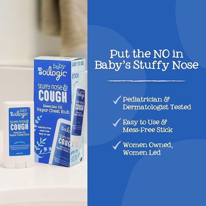 Oilogic Stuffy Nose & Cough Chest Vapor Rub Essential Oil for Babies & Toddlers - Gentle Baby Essentials Soothe Cough & Stuffy Noses - Pediatrician-Tested & Safe for Babies, .42 Oz