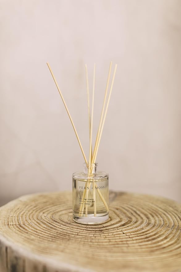 Brooklyn Candle Studio Reed Scent Diffuser - Fern & Moss - Relaxing Oil Diffuser, Sage, Lavender & Pine Fragrance, 8 Rattan Diffuser Reeds, Clean Ingredients - 4.4oz