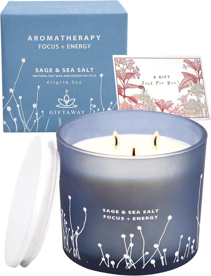 White Sage Sea Salt 3 Wick Candle - Large Soy Scented Candle 14.5 oz - Sage Candle for Cleansing House - Aromatherapy Energy Cleansing Candle for Home, Stress Relief, Women & Men
