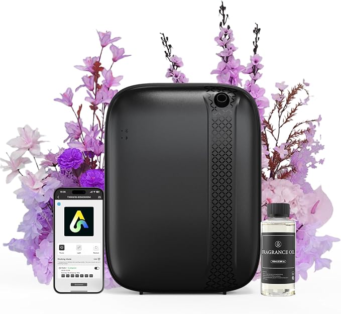 Essential Oil Diffuser, Waterless & Ultrasonic Aromatherapy Diffuser for Home, Office, Hotel, 13.5 OZ Capacity Up to 2500 Sq.Ft Coverage Room Scent Diffuser with App & Button Control(Black)