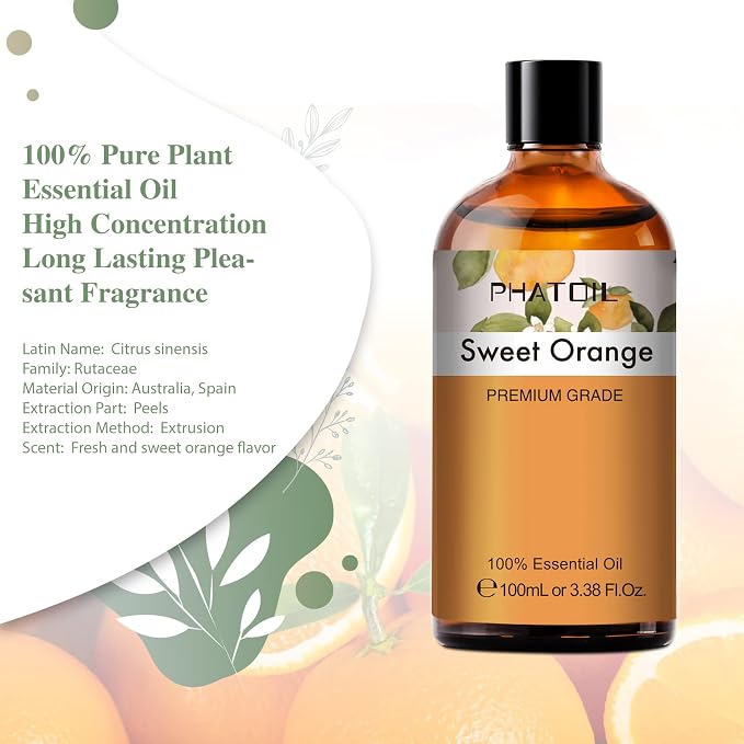 Sweet Orange Essential Oil, 3.38Fl.Oz PHATOIL Pure Essential Oil Singles for Aromatherapy Diffusers, Humidifiers, Great for DIY Candle and Soap Making, Gift for Friend