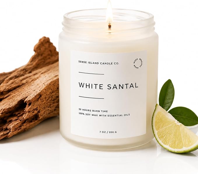 White Santal Scented Candle for Home | Natual Soy Wax | 50 hrs Burn Time | Hand Poured in Small Batches | Premium Fragrance