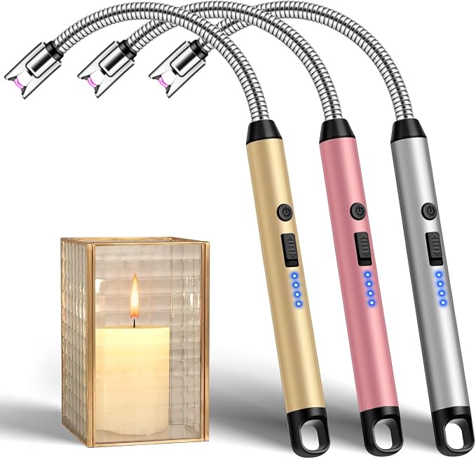 LcFun 3 Pack Candle Lighter with 360° Flexible Neck & Safety Lock, Windproof USB Rechargeable Electric Lighter, Flameless Arc Long Matches for Grill, BBQ, Camping, Fireplace, Stove (Gold,Pink,Silver)