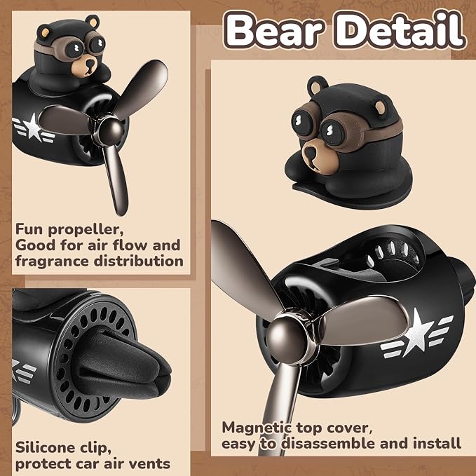 Tallew Car Air Freshener Cute Bear Car Vent Clip Diffuser with Rotating Propeller Outlet Vent 2.5" x 2.4" x 2.1" Easy to Install Included 2 Scents Aroma Tablets Aromatherapy Ornament Auto Accessories