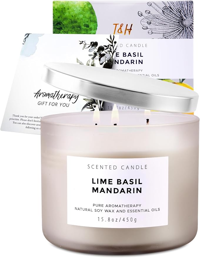 Lime Basil Mandarin 3-Wick Soy Candle | 15.8 oz Large Scented Candle for Home | Clean Burn Long Lasting | Fresh Herbal Citrus Scent | Gift Ready