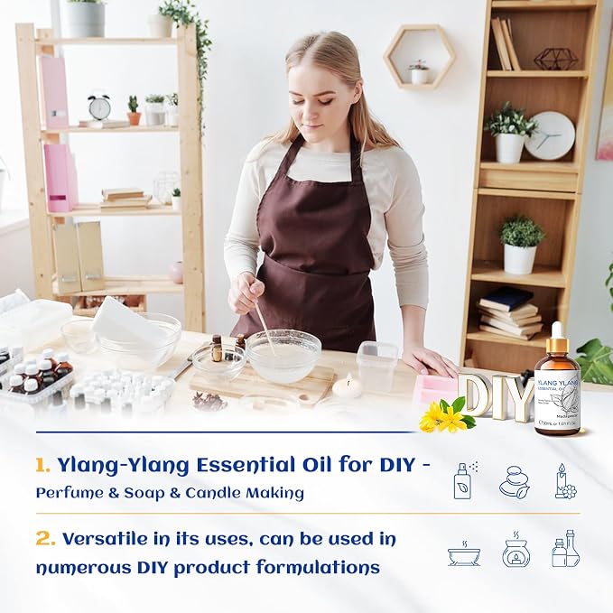 HIQILI Ylang-Ylang Essential Oil, Long-Lasting Scent for Diffusers, Perfumes, Aromatherapy, DIY - 1.01 Fl Oz