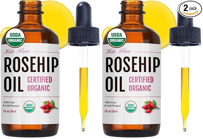 Kate Blanc Cosmetics Rosehip Oil for Face & Softer Glowing Skin (1oz, Organic, 100% Pure, Cold Pressed) Rosehip Seed Face Oil for Facial & Gua Sha Massage (Pack of 2)