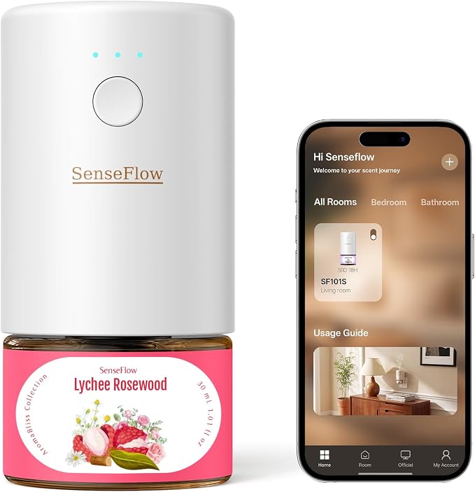 SF101S Pro Smart Plug in Air Freshener for Home, Waterless Essential Oil Diffuser, Aromatherapy Home Diffuser, 120-Day Natural Aroma Mist – Free 30ml Lychee Rosewood (Bright Pink)