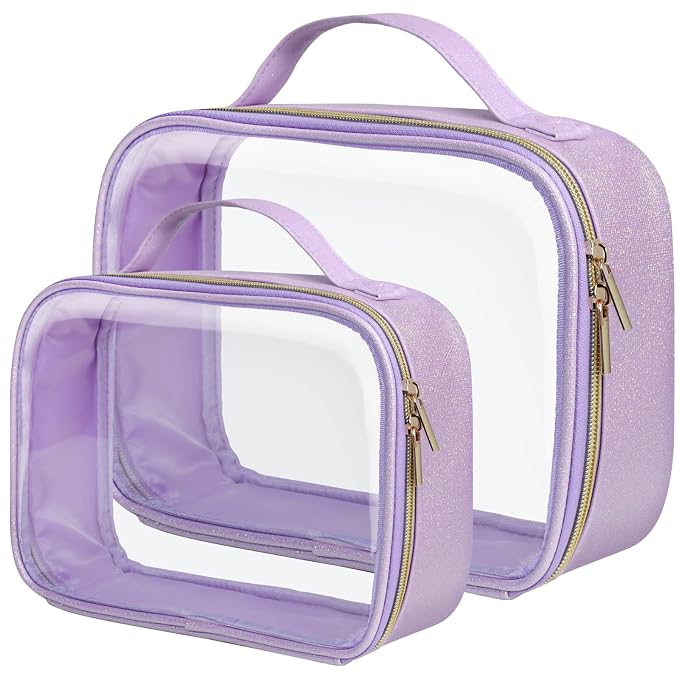 PACKISM Glitter Texture TSA Approved Toiletry Bag Set, Style Clear Makeup Bag with Handle, 1 TSA Medium & 1 Large for Travel, Gift for Women, Purple