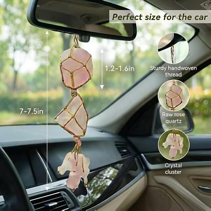 Raw Rose Quartz Car Diffuser Hanging Ornament | Natural Crystal Aromatherapy Charm for Rear View Mirror, Boho Essential Oil Diffuser for Yoga & Home Decor, Spiritual Gift Set for Women