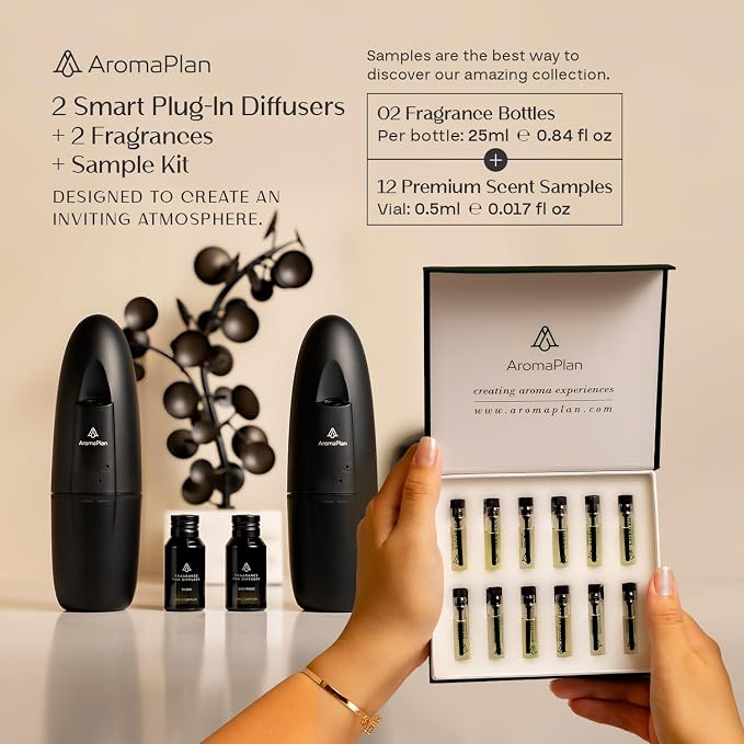 AromaPlan 5 Star Collection Plug in Diffuser (Fragrance+Sample Set Included)-Cold Air & Waterless Diffusers for Home & Office- Silent Wall Diffuser Plug in,Bluetooth App Control, 500 sq.ft -2 Devices