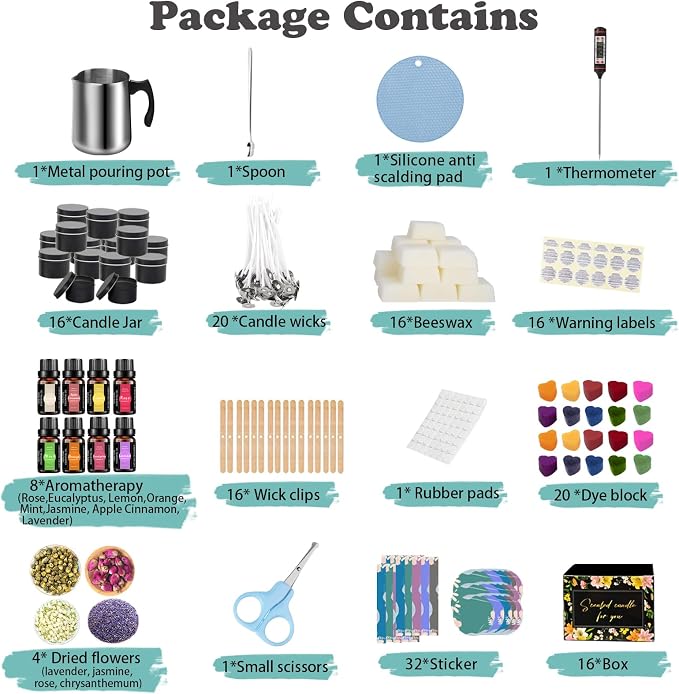 Complete Candle Making Kit, Candle Making Supplies, DIY Arts&Crafts Kits Gift For Adults,Beginners,Including Bees Wax,Wicks,Rich Scents,Wick Clips,550ml Melting WaxPouring Pot,Thermometer,Spoon Etc.