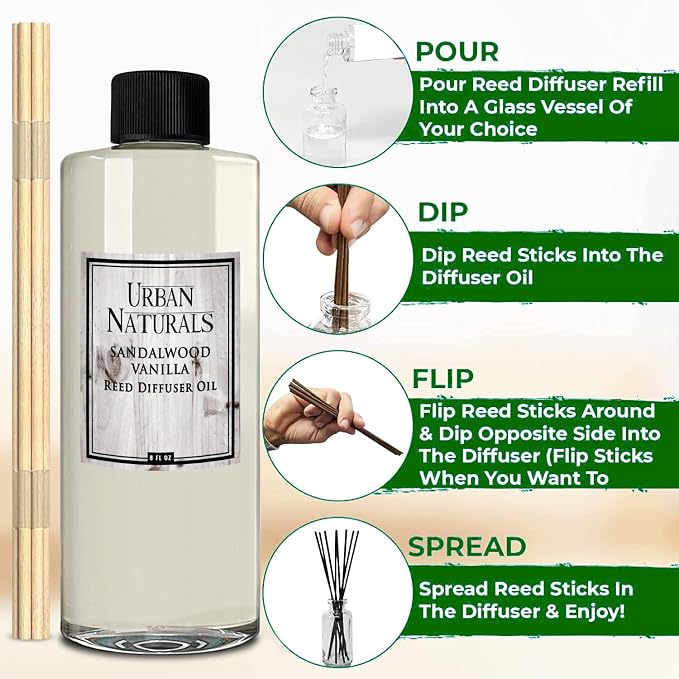 Urban Naturals Reed Diffuser Oil Refill Sandalwood Vanilla with Tahitian Vanilla, Bourbon Notes 8 oz + Free Reed Sticks, Made in the USA