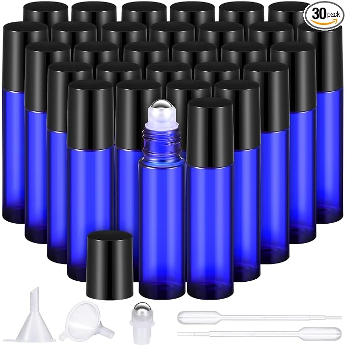 Domensi 30 Pcs Essential Oil Bottles, 10 ml Glass Bottle with Stainless Steel Roller Ball and Cap for Travel, Perfume, Lip Balm, 2 Funnels, 0.5 ml Dropper(Cobalt Blue)