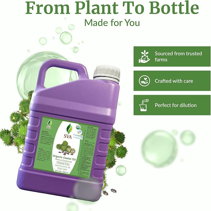 SVA Castor Seed Oil Organic - 32 Fl Oz – 100% Natural Cold Pressed Organic Castor Oil - for Face, Skin Care, Hair Care, Scalp Massage & Body Massage