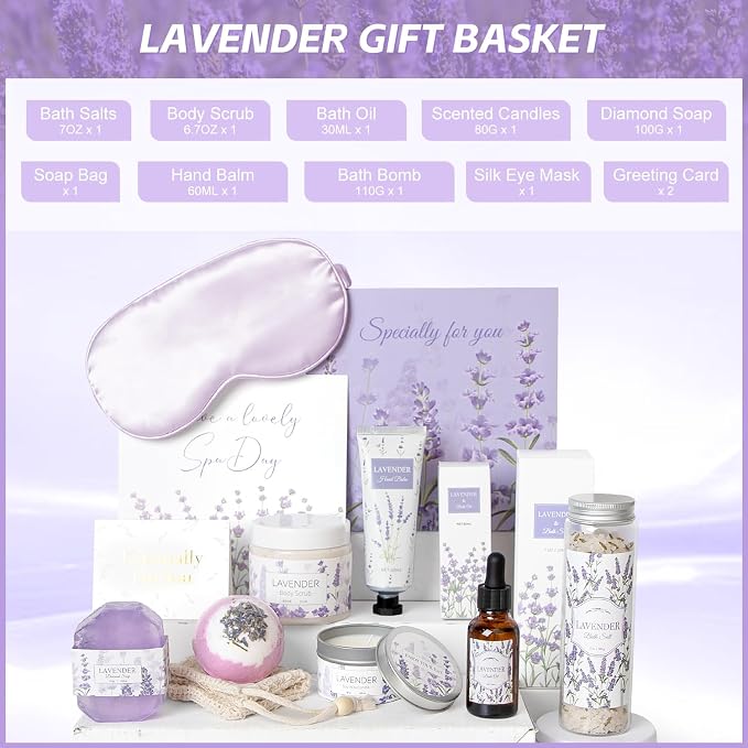 Lavender Spa Gifts Set, 11 Pcs Bath Gift Set for Women, Relaxing Spa Gifts, Home Spa Bath Set Self Care Package, Birthday Gifts for Womens Her Mom Friends Wife Girlfriend Wife