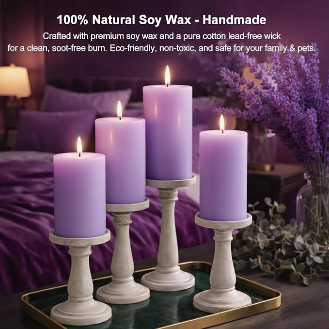 Lavender Scented Soy Pillar Candles Set of 3, Purple Aromatherapy Candles for Home, 105 Hours Clean Burning Long Lasting for Bathroom Living Room,2x4 inch