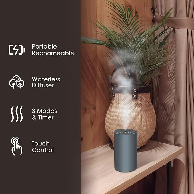 Waterless Essential Oil Diffuser, Battery Powered Mini Scent Air Machine, Aromatherapy Mist Diffuser for Home Room Car Office，Black Aluminum Alloy (Grey)