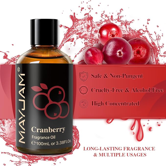 MAYJAM 100ML/3.38FL.OZ Cranberry Fragrance Oils with Glass Dropper, Essential Oils for Diffusers, Long Lasting Scented Oils for Soap Candle Making