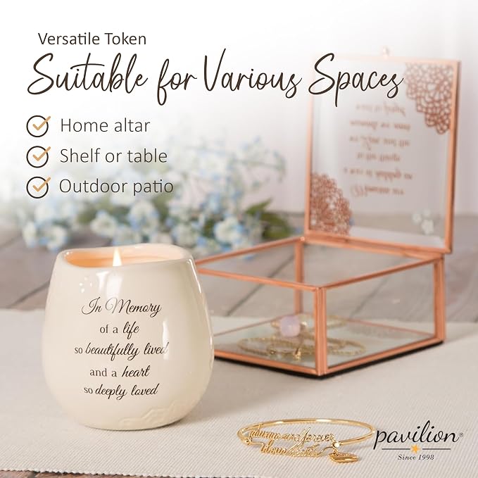 Pavilion 'In Memory, Beautifully Lived' 19178 - White Ceramic Candle with Soy Wax in a Delicate Floral Scent, Thoughtful Sympathy, Remembrance, and Condolence Gift - 8 Ounces