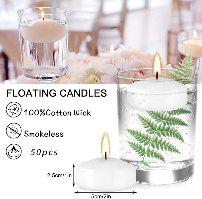 YOROXRG 50 Pack of 2-Inch White Floating Candles - Ideal for Weddings, Home Décor, Spa Baths, and Romantic Settings