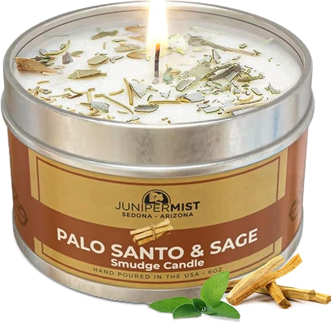 Palo Santo & Sage Smudge Candle (6oz) Ground & Purify - Pure Sage Energy Cleansing Candle for House Cleansing Negative Energy – Spiritual for Protection & Intention – Soy Wax - Made in The USA