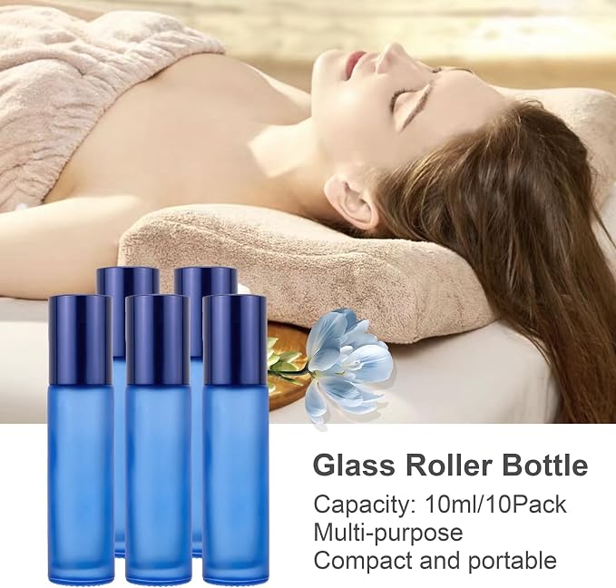 Kesell Glass Roller on Bottle, 10ml Refillable Essential Oil Bottle with Stianless Steel Ball, Pack of 10 (Light blue)