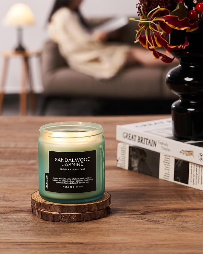 M&SENSE Sandalwood Jasmine Home Scented Candles, 11.6oz Organic Natural Soy Wax, 70 Hours Long Lasting Slow Burning, Non Toxic Clean Burn, Spring Floral Smelling for Meditation Relaxation