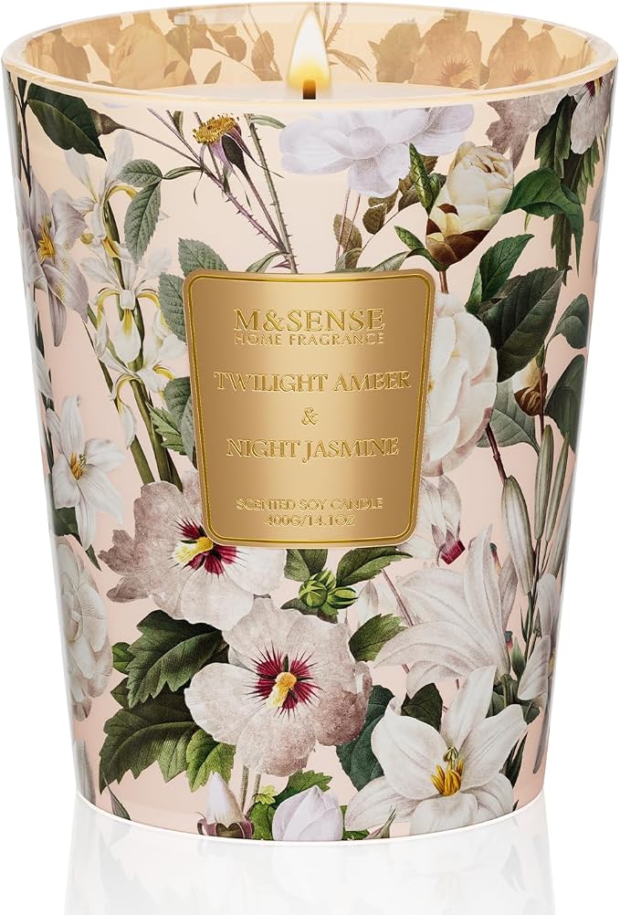 M&SENSE Amber Jasmine Natural Soy Scented Candle, 14.1oz 60H Slow Burning Aromatherapy Candle, Home Fragrance, Floral Gifts for Women\