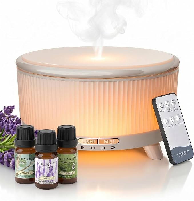 500ML Large Capacity Essential Oil Diffuser, Ultrasonic Aromatherapy Diffuser with 7 Color LED Lights with Remote Control, Cool Mist Humidifier, Timed Mist, Auto Shut-Off (Pure White)