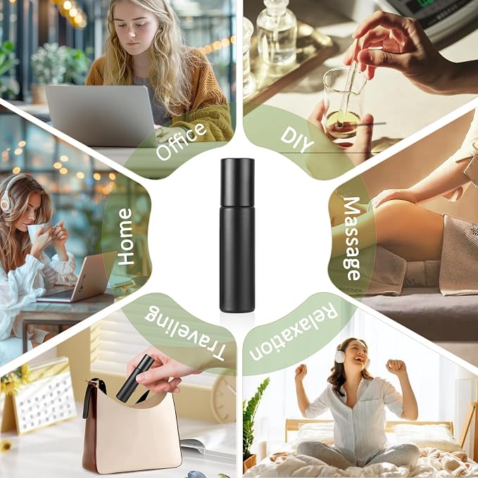 Glass Roller on Bottle, 10ml Refillable Essential Oil Bottle with Stianless Steel Ball, Pack of 10 (Black)