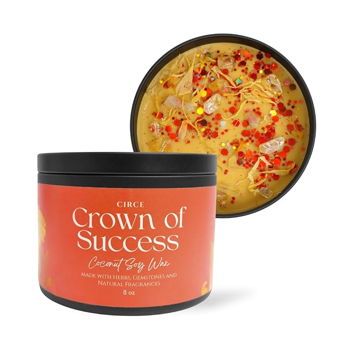 Circe Spell Candle “Crown of Success” Coconut Soy Wax Candle Jar – Premium Hand Poured & Long Burning – Herbs, Crystals & Natural Fragrance Oils - Attract Confidence & Abundance - Self Care, Gift- 8oz
