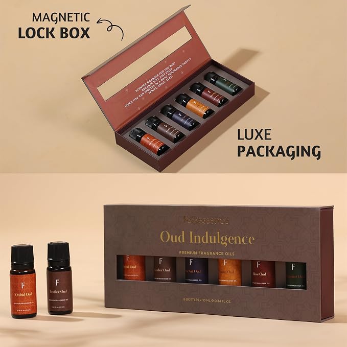 Folkulture Essential Oils Set for Diffuser | Set of 6 Luxury Floral & Oud Fragrance Oils | Orchid Oud, Rose Oud & Warm Sensual Blends | Fathers Day Gift & Home Fragrance Gift Set