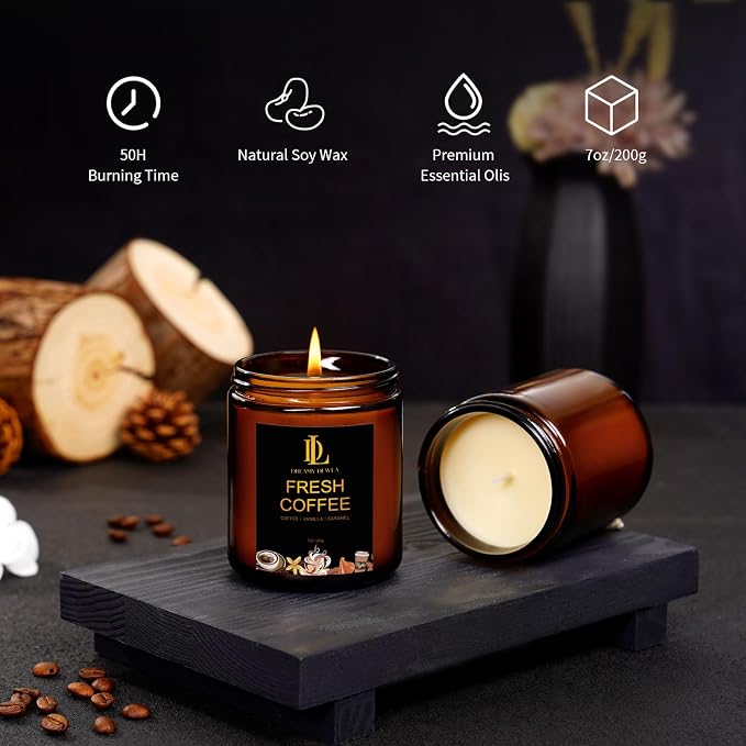 Fresh Coffee Candles, Coffee Scented Candle, Natural Soy Candles for Home Scented, Long Lasting with 50 Hour Burn Time, Gifts for Men Women