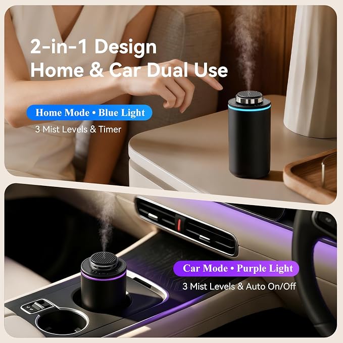 Essential Oil Diffuser,15ml Waterless Scent Diffuser,Rechargeable Portable Travel Diffuser with 3 Mist Mode & Timers,Dual Color LED Light,Small Car Air Freshener for Home,Office,Car, Black