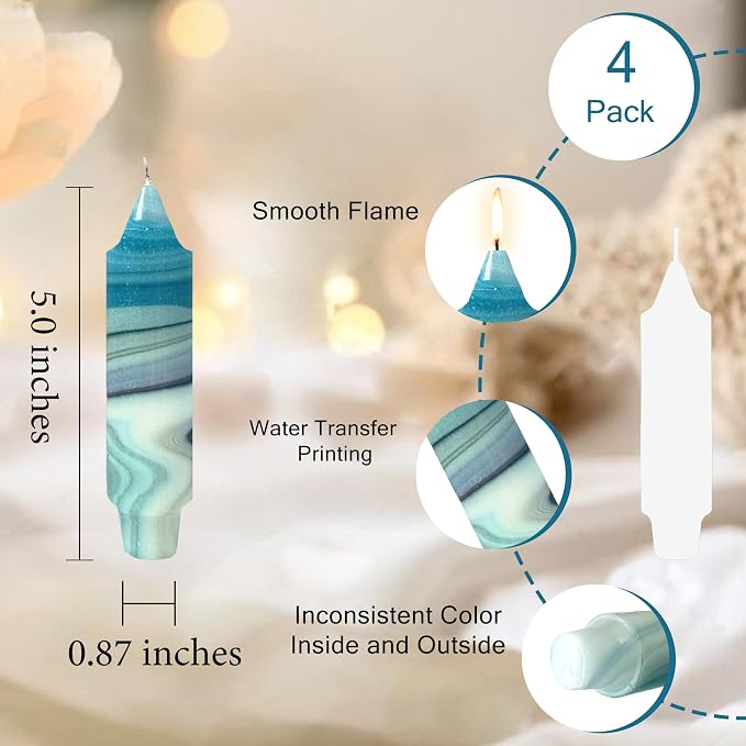 5 inch Short Candle Blue Quicksand Print Candle 4 Pack Handmade Unscented Taper Candles Printed Candlestick Smokeless Tapered Candles for Home Dinner Wedding Holiday