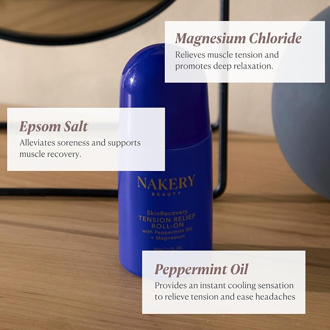 Nakery SkinRecovery Tension Relief Roll-On, Magnesium Roll On with Peppermint Oil for Headache Relief, Stress Support, Muscle Pain Relief, Aromatherapy Cooling Applicator Stick (1 Fl Oz)