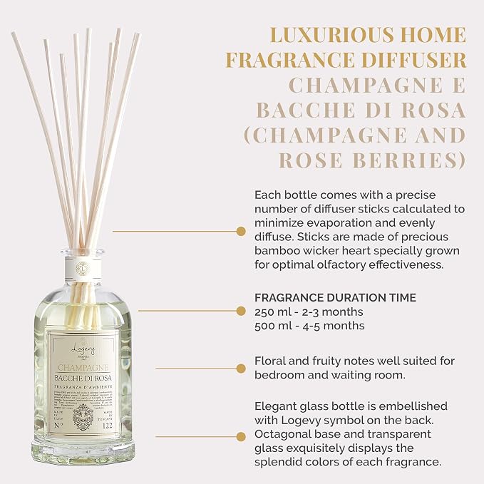 Logevy Firenze 1965 Champagne e Bacche di Rosa – Champagne and Rose Berries Luxury Home Fragrance Diffuser with Floral & Fruity Notes in Elegant Glass Bottle with 10 Natural Bamboo Reeds – 250ml