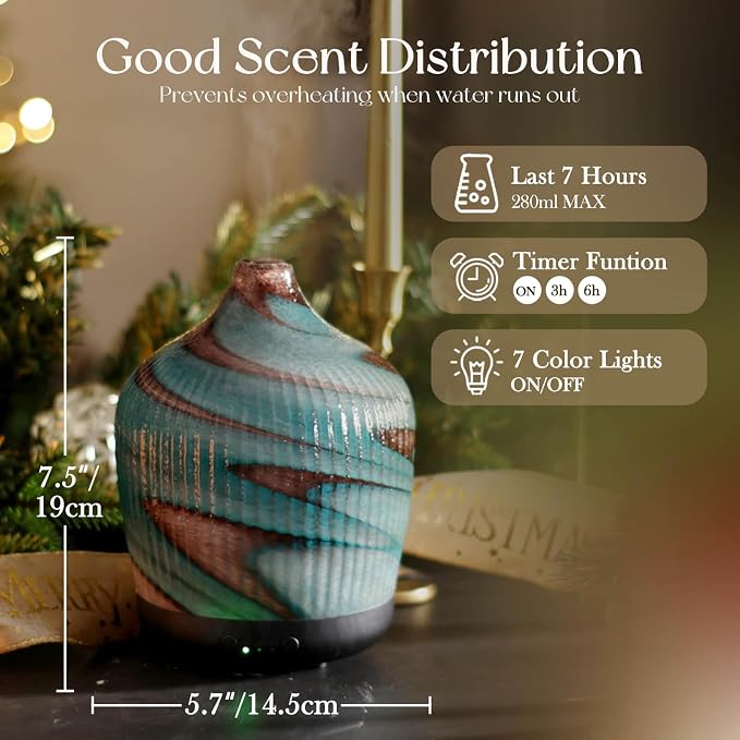 Porseme 280ml Essential Oil Diffuser, Ultrasonic Cool Mist Humidifier with Color Changing, Auto Shut-Off, 6-10 Running Hours, Aromatherapy Glass Diffusers for Home Bedroom, Office, Yoga (Teal Green)