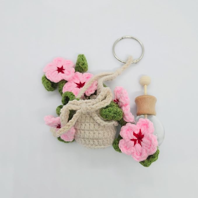Crochet Car Air Freshener Cherry Blossom Accessories - 12ml Empty Refillable Oil Diffuser Bottle, Crochet Hanging Plant Car Decor Mirror Accessories For Women and Men