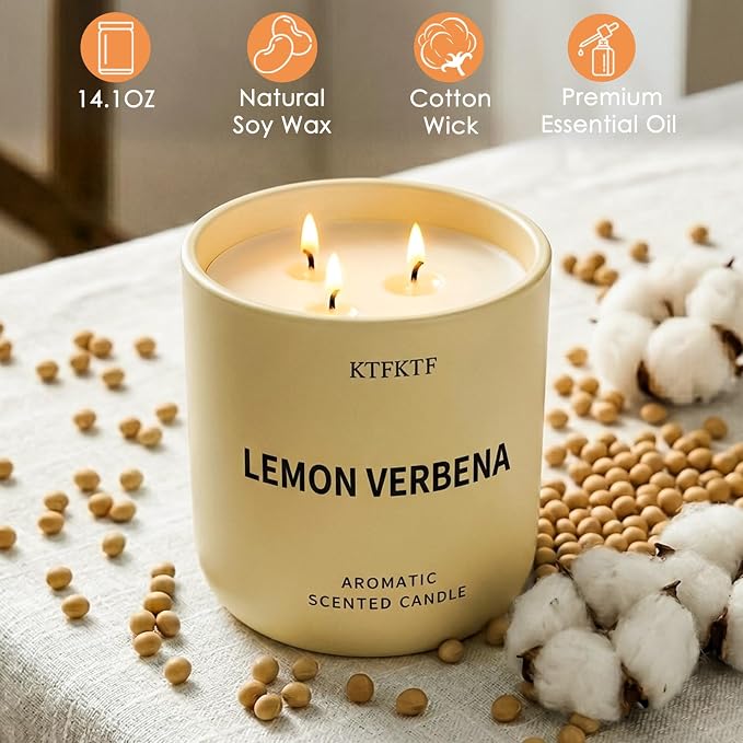 Lemon Verbena Candle, 14.1oz Large 3-Wick Soy Wax Candle, Up to 80 Hours Burn Time, Non-Toxic Aromatherapy Jar Candle with Essential Oils, Citrus Scented Candle for Home