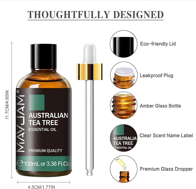 Australian Tea Tree Essential Oil, MAYJAM Pure Essential Oils for Diffusers, 3.38FL.OZ/100ML Large Volume Australian Tea Tree Oil with Premium Glass Dropper