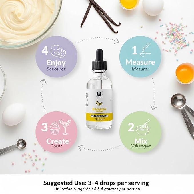 Dolce Flav Natural Banana Extract – 2 oz Water-Soluble Pure Banana Flavoring Drops for Baking, Smoothies & Desserts | Sugar Free, Allergen Free, Kosher | Made in USA