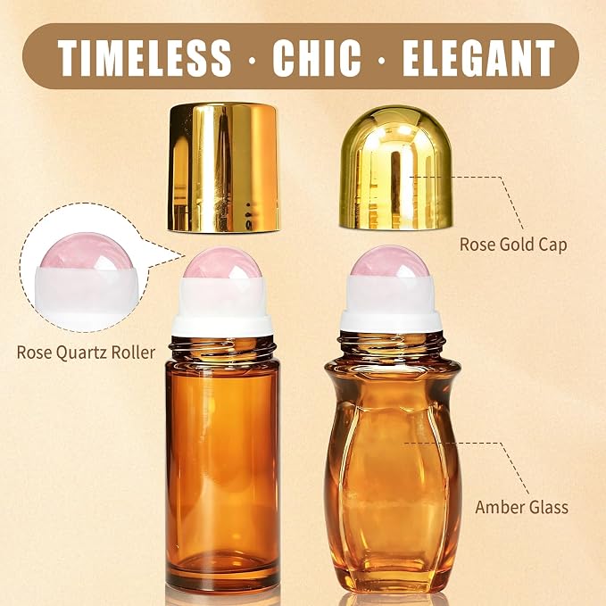 2 Pack Rose Quartz Roller Waisted & Straight Bottles for Oils, 50ml Refillable Amber Glass Roll On Bottles with Natural Crystal Roller Balls, Leak-Proof Travel Perfume Bottle with Gold Caps