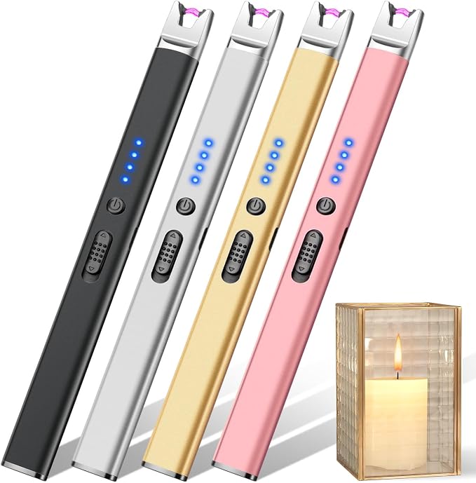 LcFun 4 Pack Candle Lighter Electric USB Rechargeable Plasma Arc Lighter with Safety Lock, Windproof Flameless Long Matches for Candle, Grill, BBQ, Camping Gifts for Women