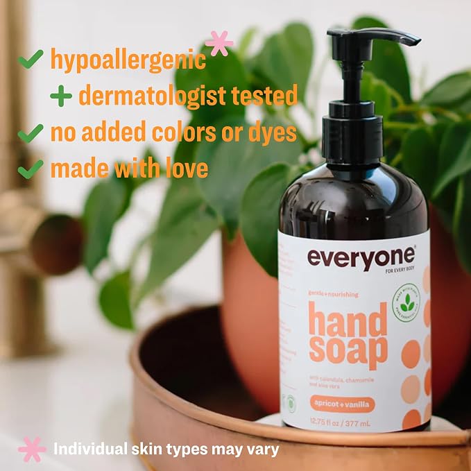 Everyone Liquid Hand Soap,12.75 Ounce,Apricot and Vanilla,Plant-Based Cleanser with Pure Essential Oils,(Pack of 6)