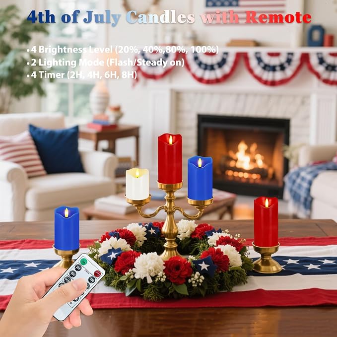 VEEKI 4th of July Flameless Candles, Set of 3 Patriotic LED Candles with Remote & Timer, Flickering Electric Pillar Candles Battery Operated, Red White Blue Candles for Home Independence Day Decor